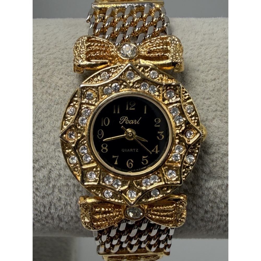 Pearl Brand New Battery Ladies Watch 23MM 6.75" Gold Tone Black Dial